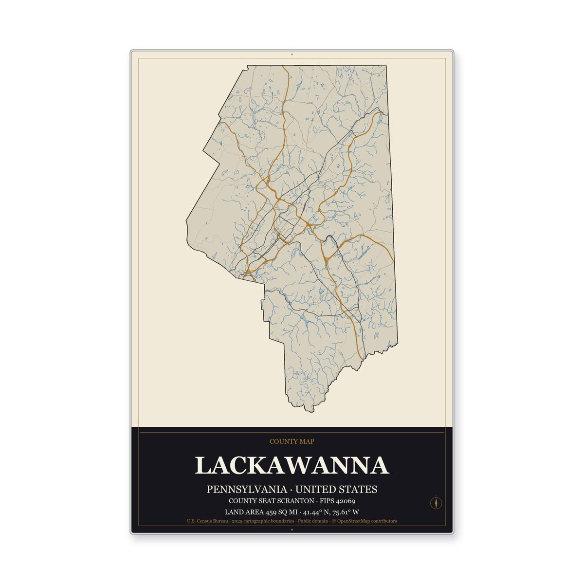 Lackawanna County, Pennsylvania Map Aluminum Sign in Museum Plaque style