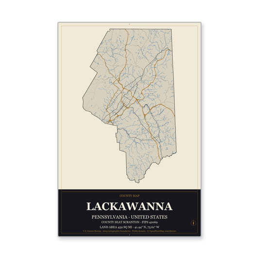 Lackawanna County, Pennsylvania Map Aluminum Sign in Museum Plaque style