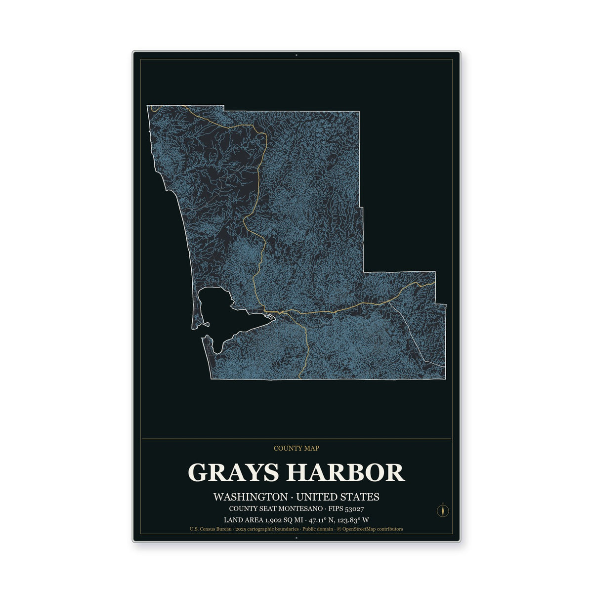 Grays Harbor County, Washington Map Aluminum Sign in Metropolitan Noir style