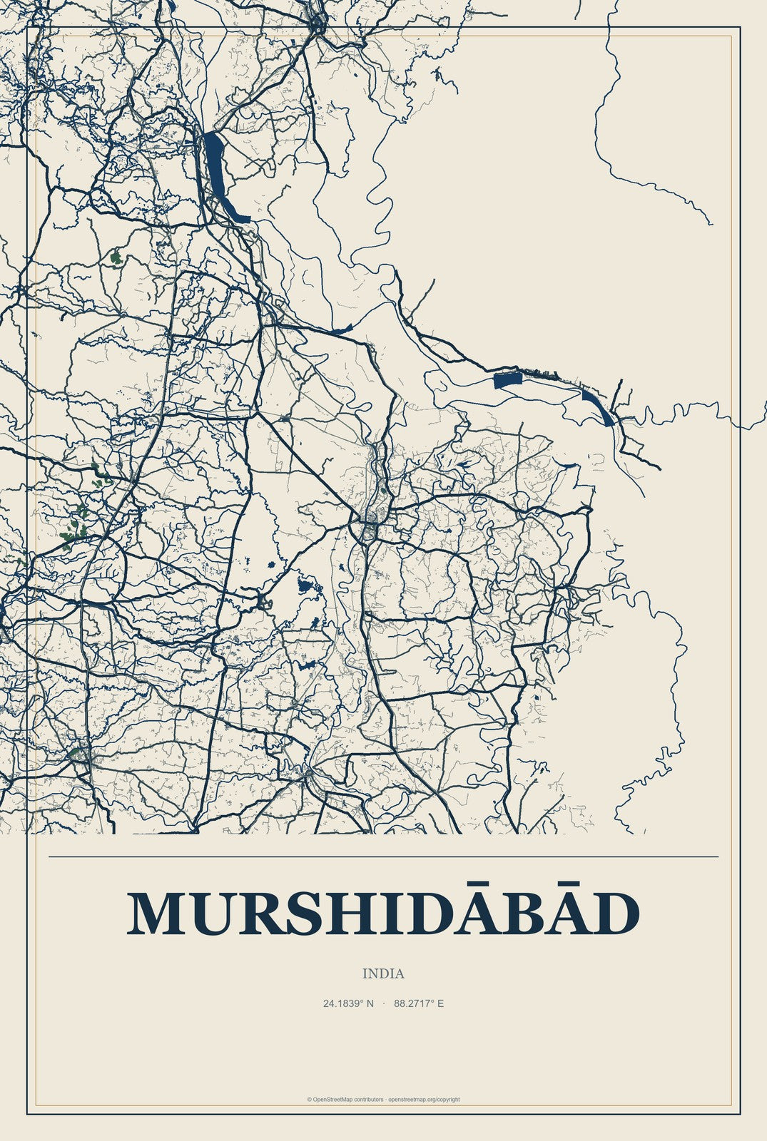 Murshidābād, India City Map Aluminum Sign in Coastal Cutout style