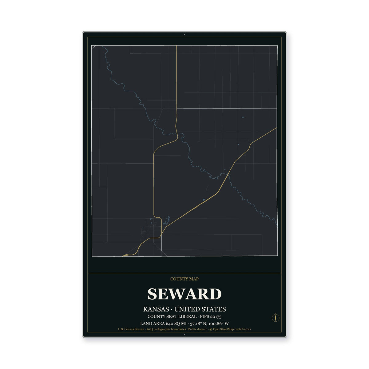 Seward County, Kansas Map Aluminum Sign in Metropolitan Noir style