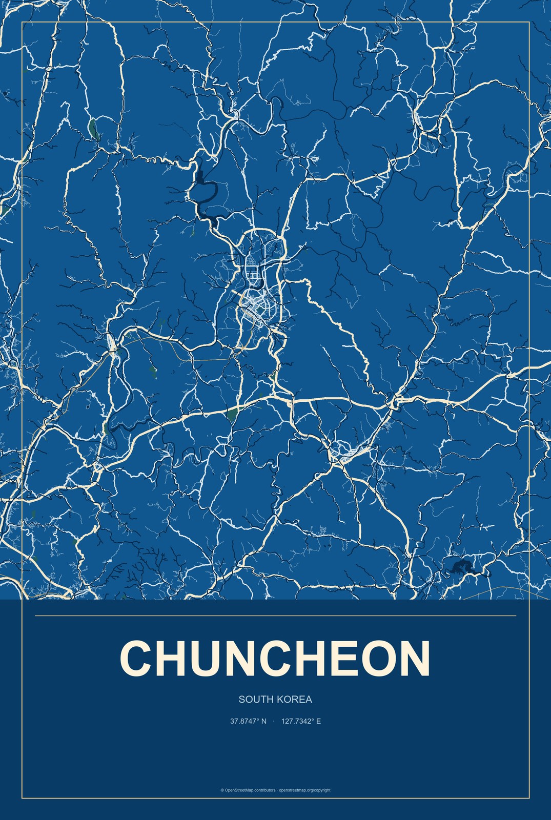 Chuncheon, South Korea City Map Aluminum Sign in Harbor Cobalt style