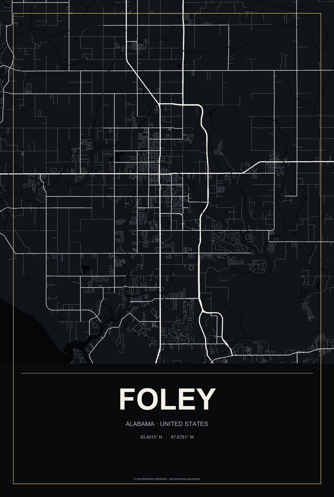 Foley, Alabama City Map Aluminum Sign in Metropolitan Noir style
