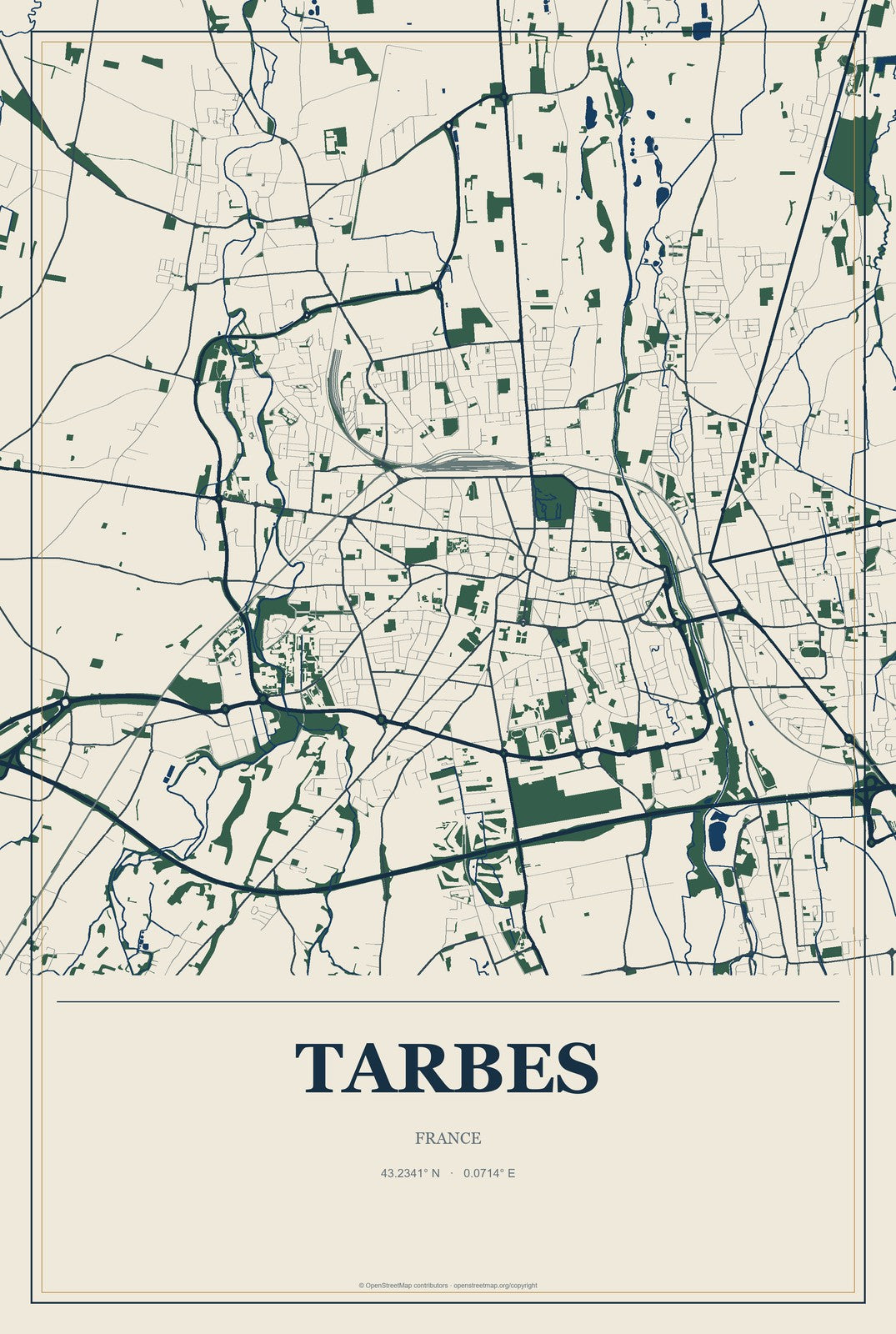 Tarbes, France City Map Aluminum Sign in Coastal Cutout style