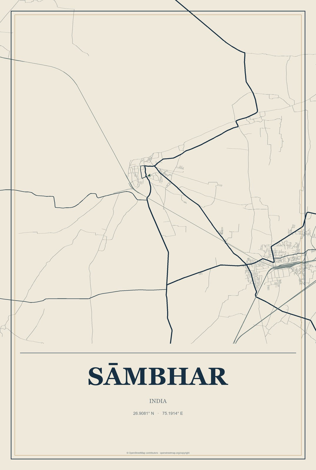 Sāmbhar, India City Map Aluminum Sign in Coastal Cutout style