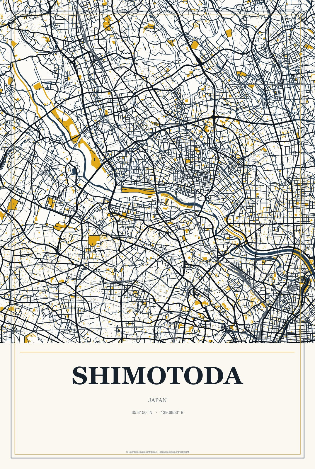 Shimotoda, Japan City Map Aluminum Sign in Citrine Modern style