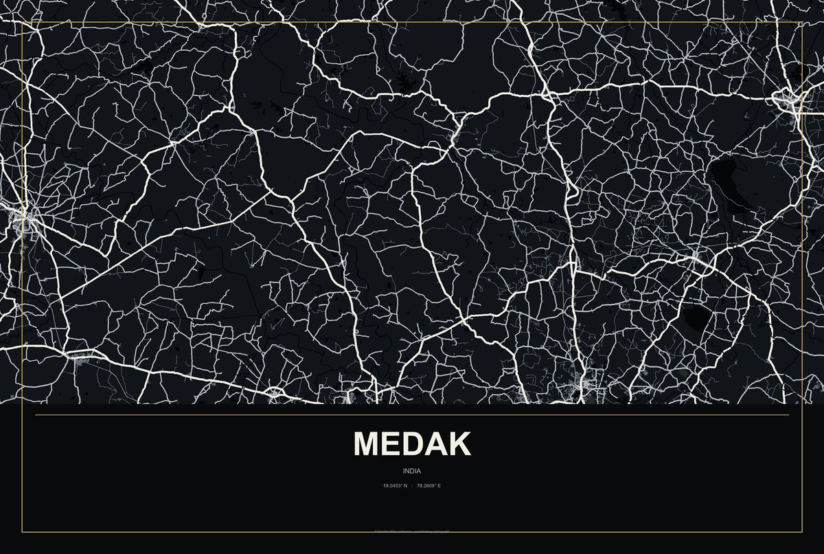 Medak, India City Map Aluminum Sign in Metropolitan Noir style