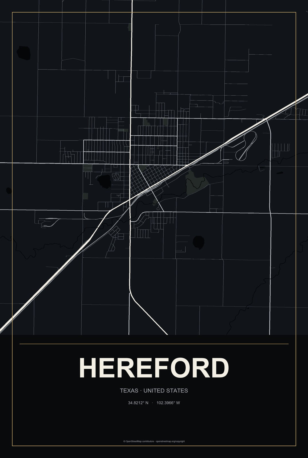 Hereford, Texas City Map Aluminum Sign in Metropolitan Noir style