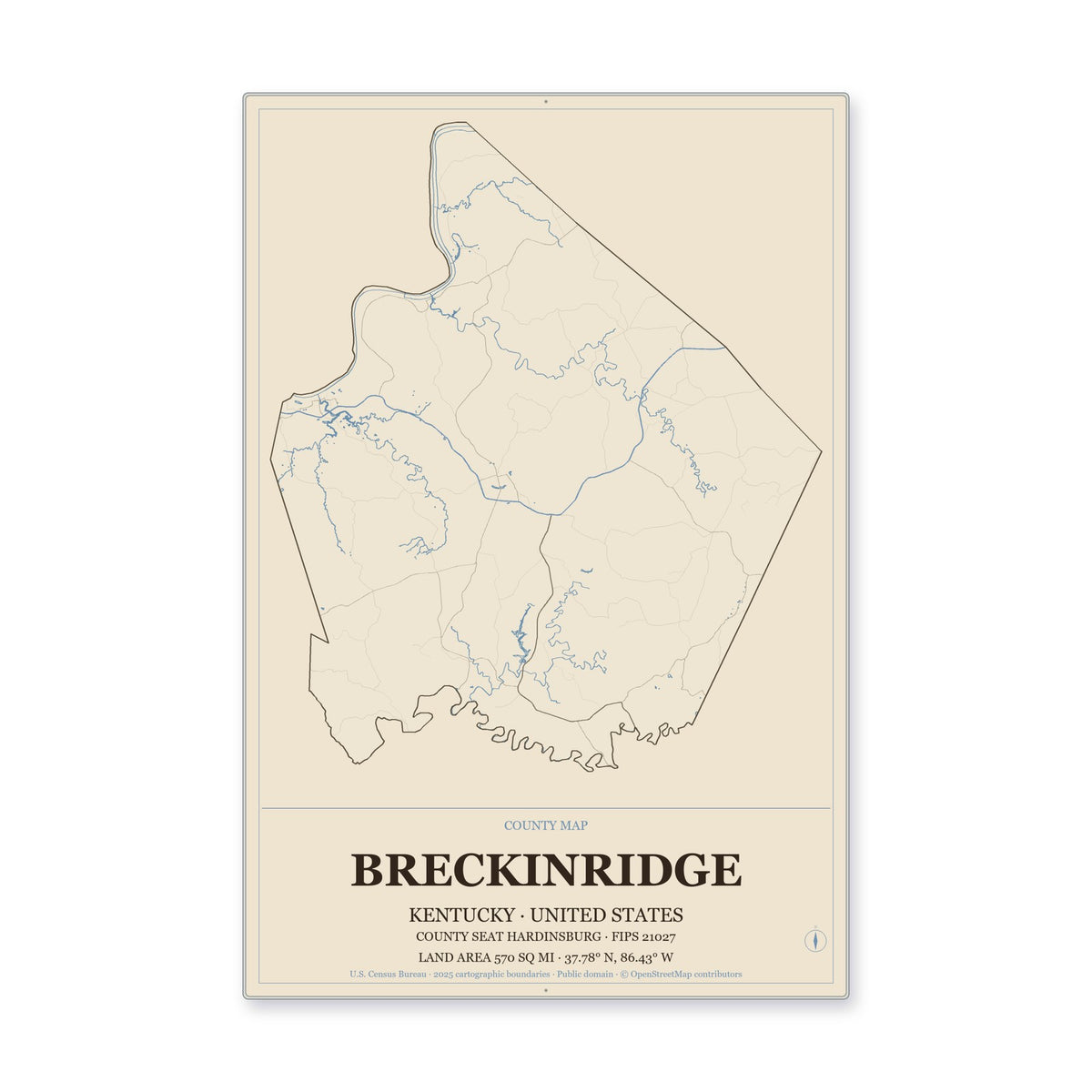 Breckinridge County, Kentucky Map Aluminum Sign in Heritage Nautical style