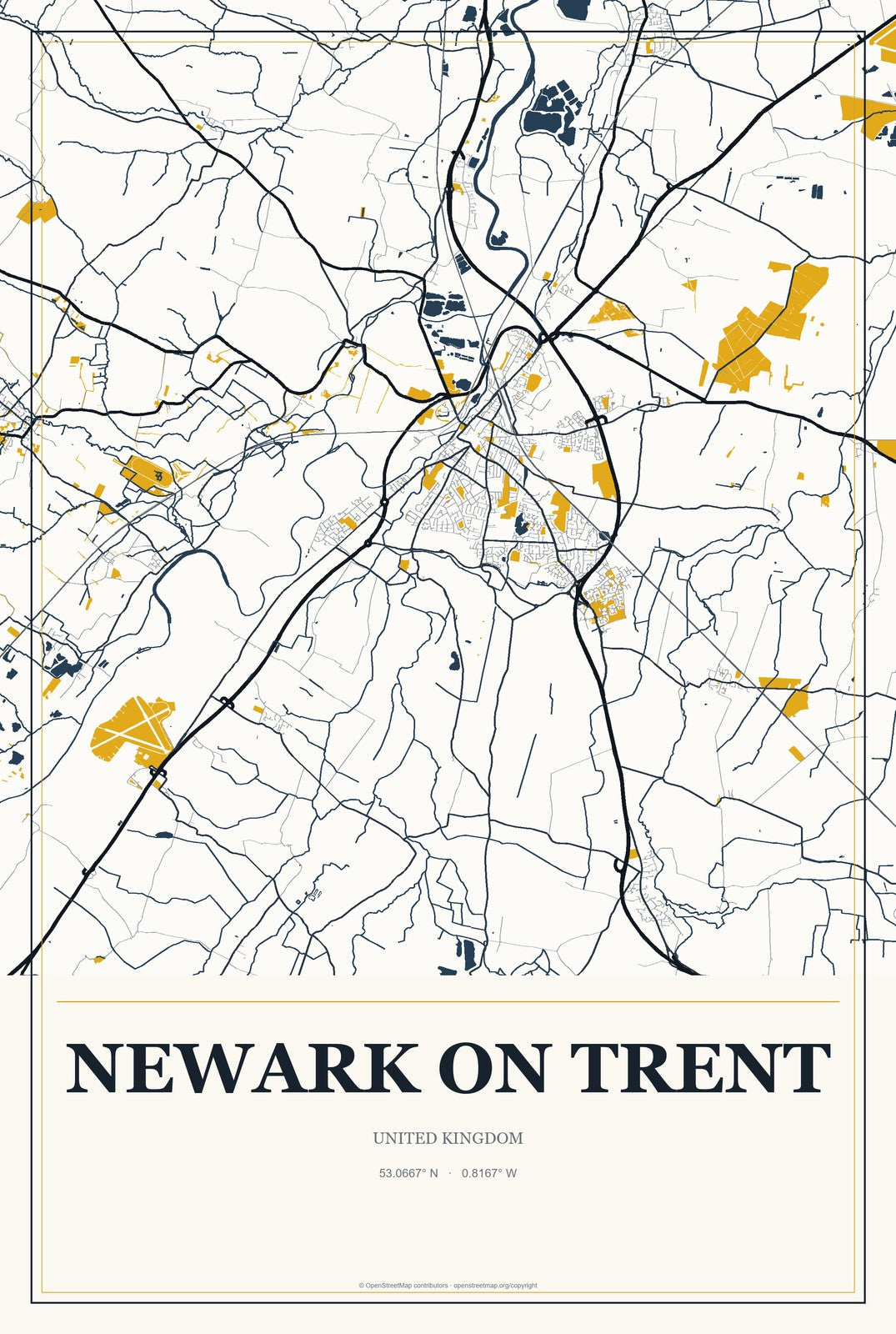 Newark on Trent, United Kingdom City Map Aluminum Sign in Citrine Modern style