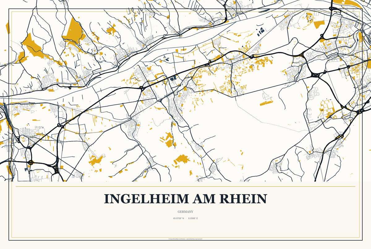 Ingelheim am Rhein, Germany City Map Aluminum Sign in Citrine Modern style