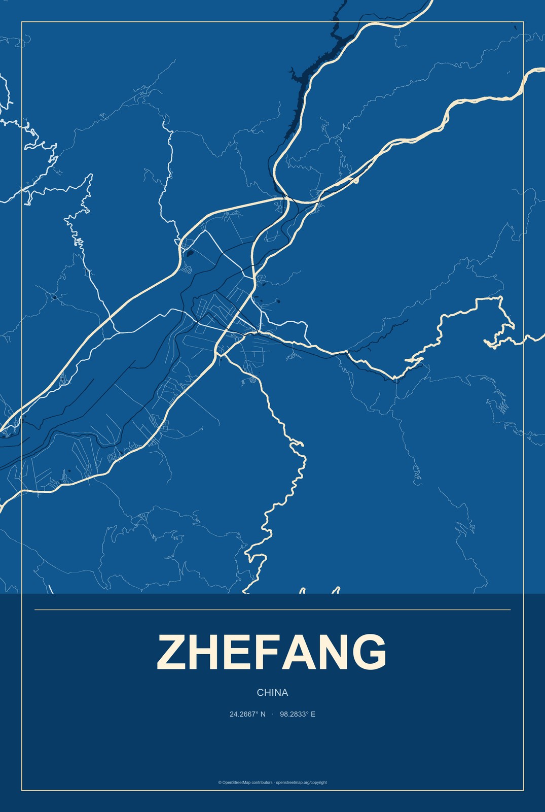 Zhefang, China City Map Aluminum Sign in Harbor Cobalt style