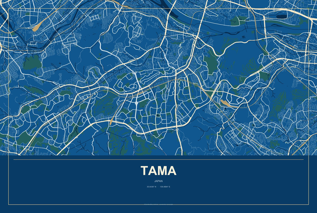 Tama, Japan City Map Aluminum Sign in Harbor Cobalt style