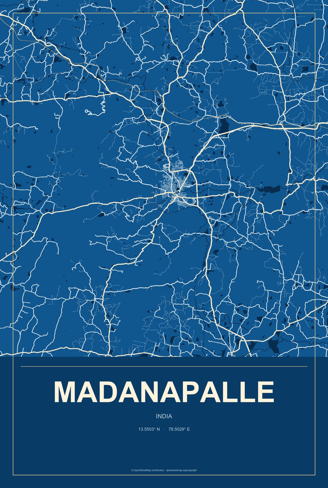 Madanapalle, India City Map Aluminum Sign in Harbor Cobalt style