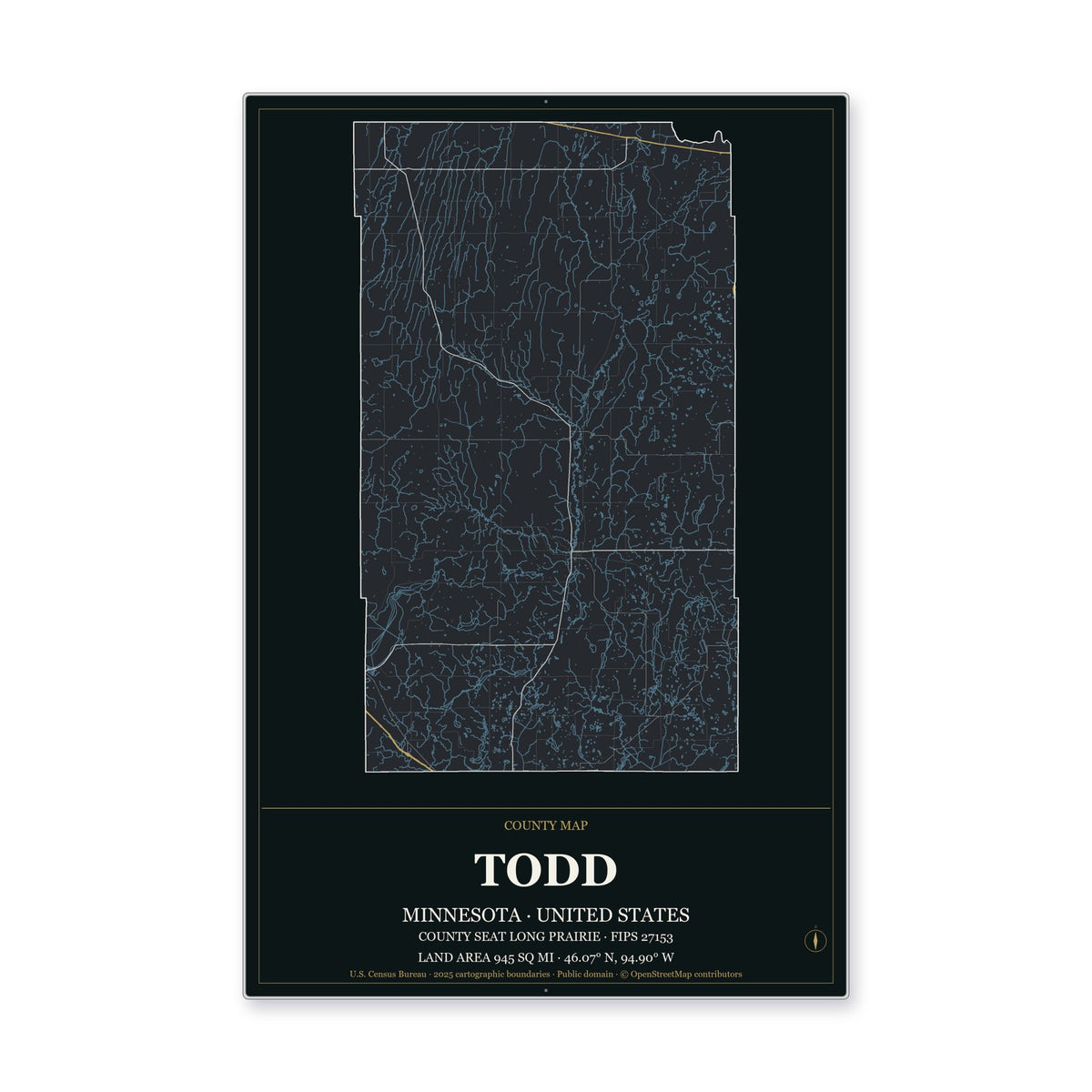 Todd County, Minnesota Map Aluminum Sign in Metropolitan Noir style