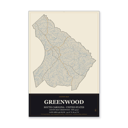 Greenwood County, South Carolina Map Aluminum Sign in Museum Plaque style