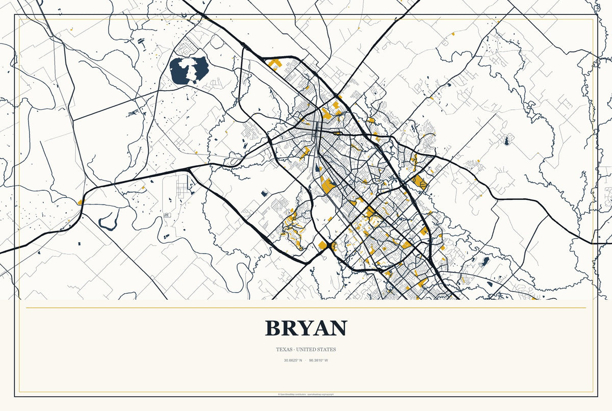 Bryan, Texas City Map Aluminum Sign in Citrine Modern style