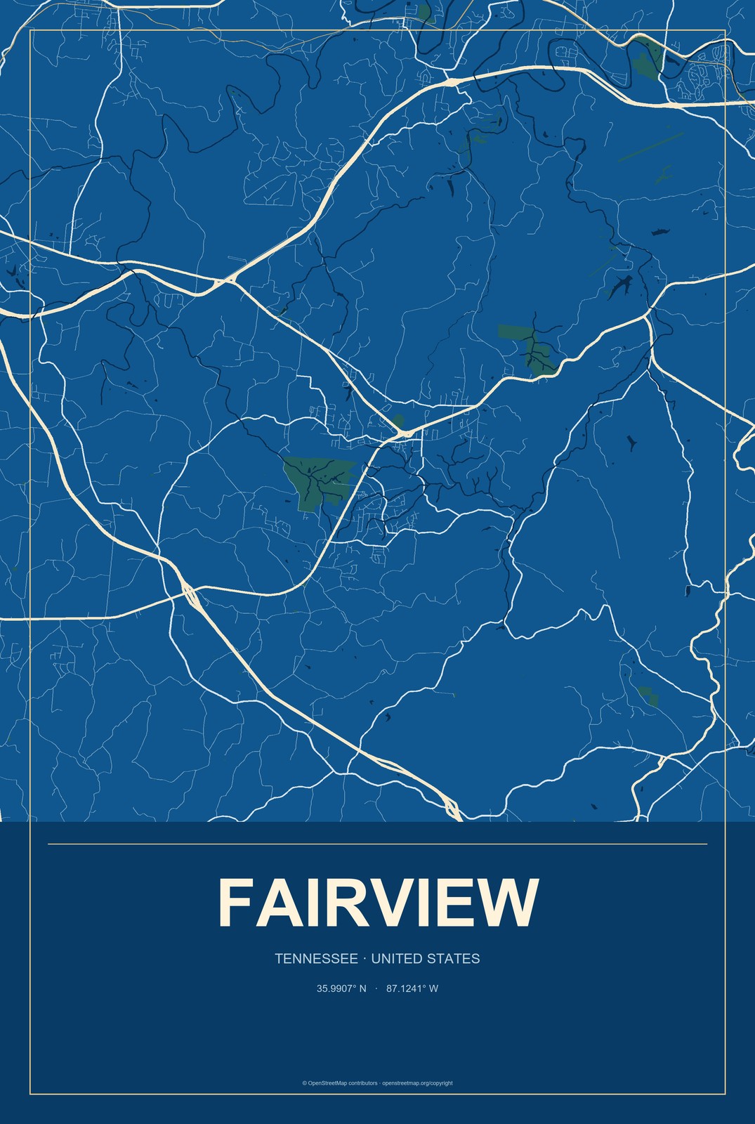 Fairview, Tennessee City Map Aluminum Sign in Harbor Cobalt style