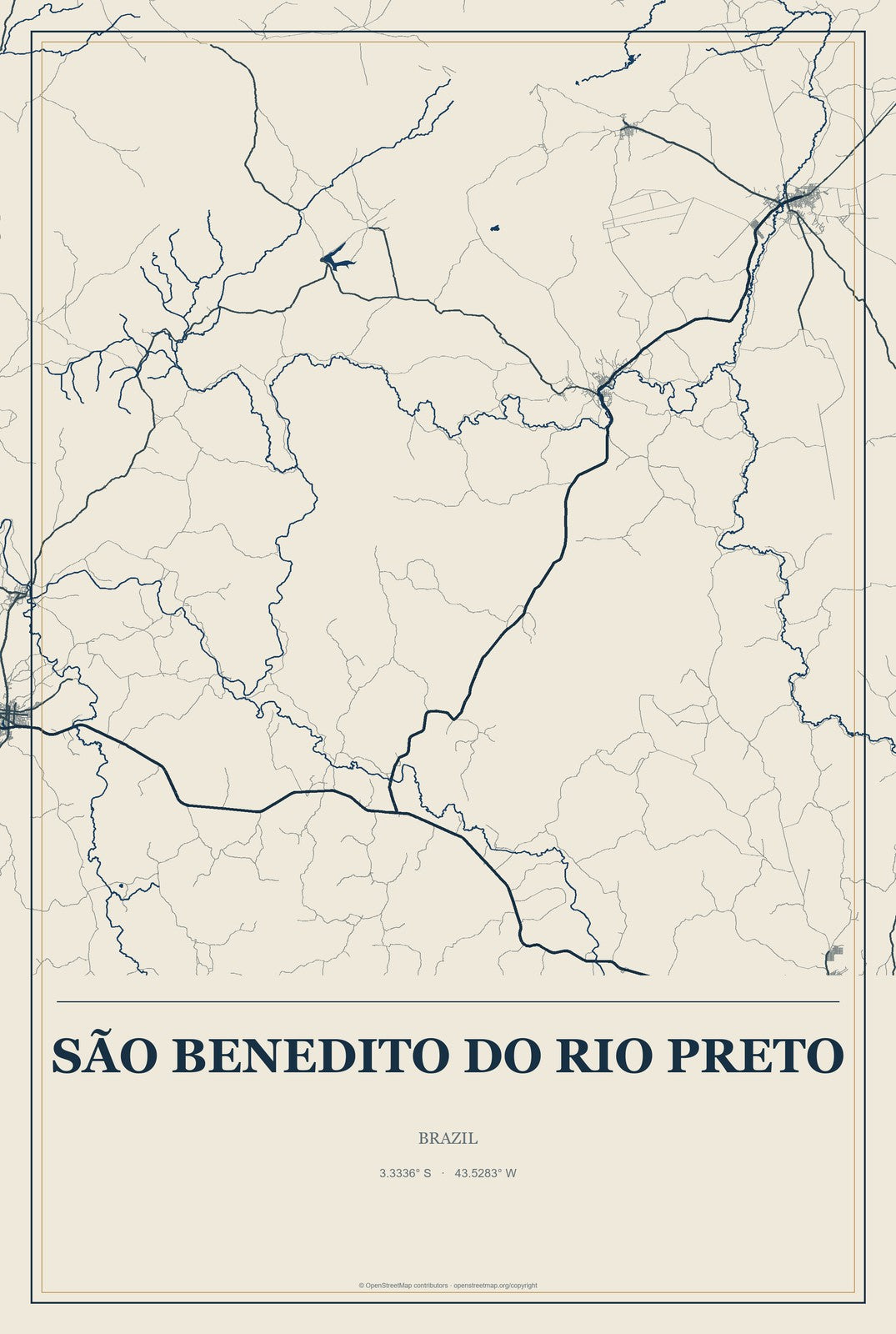 São Benedito do Rio Preto, Brazil City Map Aluminum Sign in Coastal Cutout style