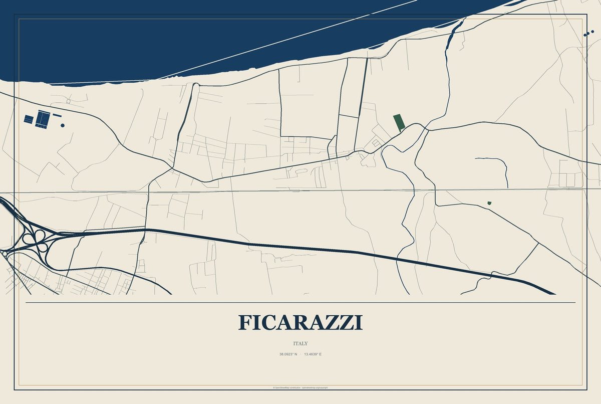 Ficarazzi, Italy City Map Aluminum Sign in Coastal Cutout style