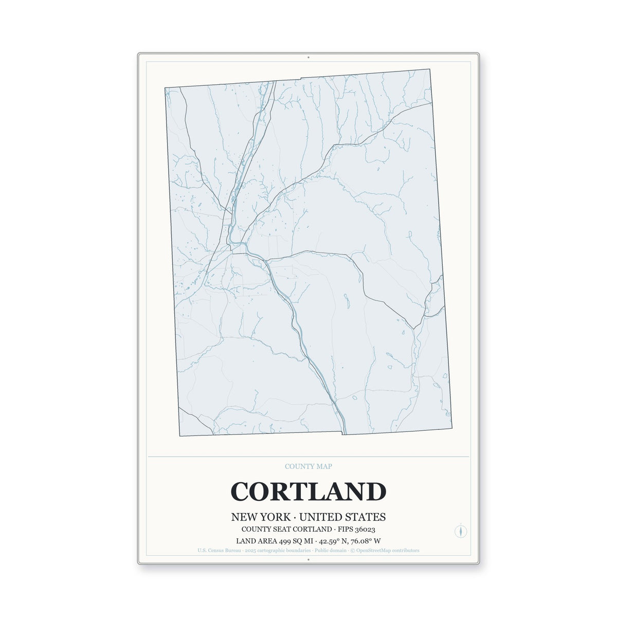 Cortland County, New York Map Aluminum Sign in Gallery Air style