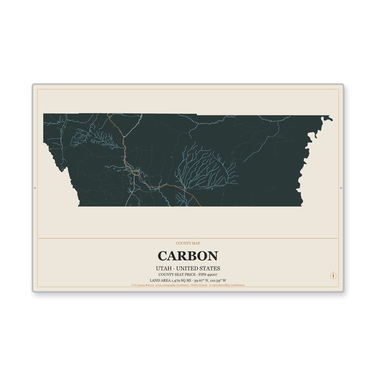 Carbon County, Utah Map Aluminum Sign in Headline Atlas style