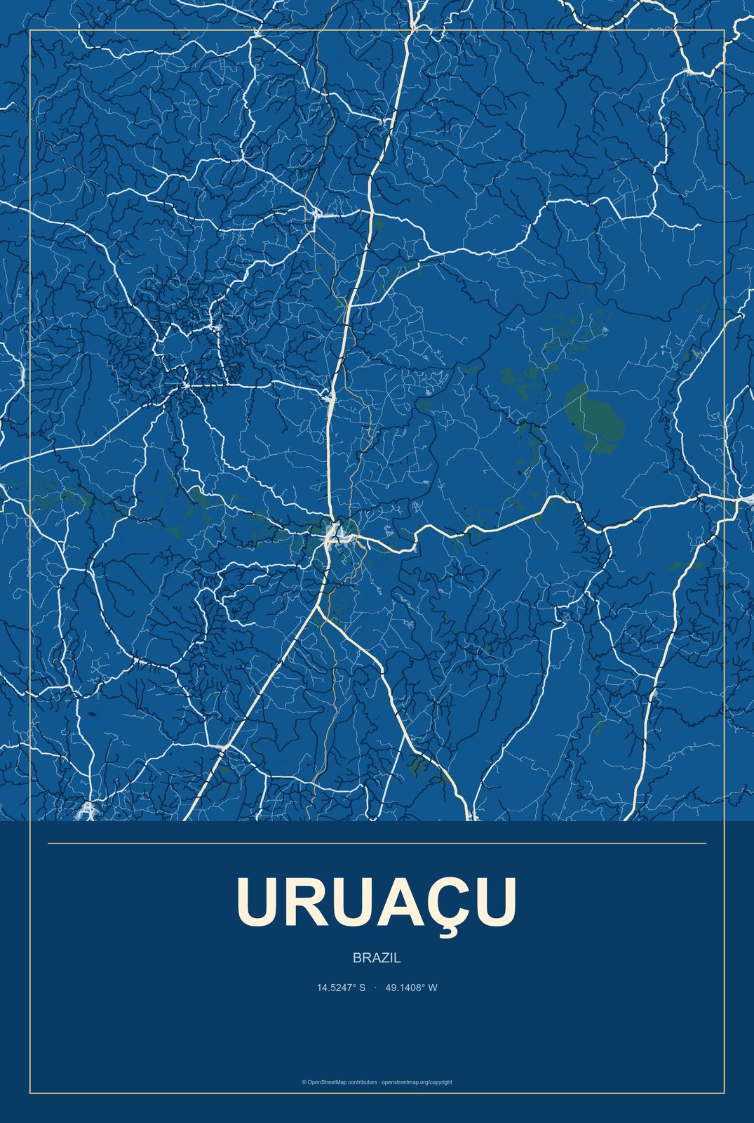 Uruaçu, Brazil City Map Aluminum Sign in Harbor Cobalt style