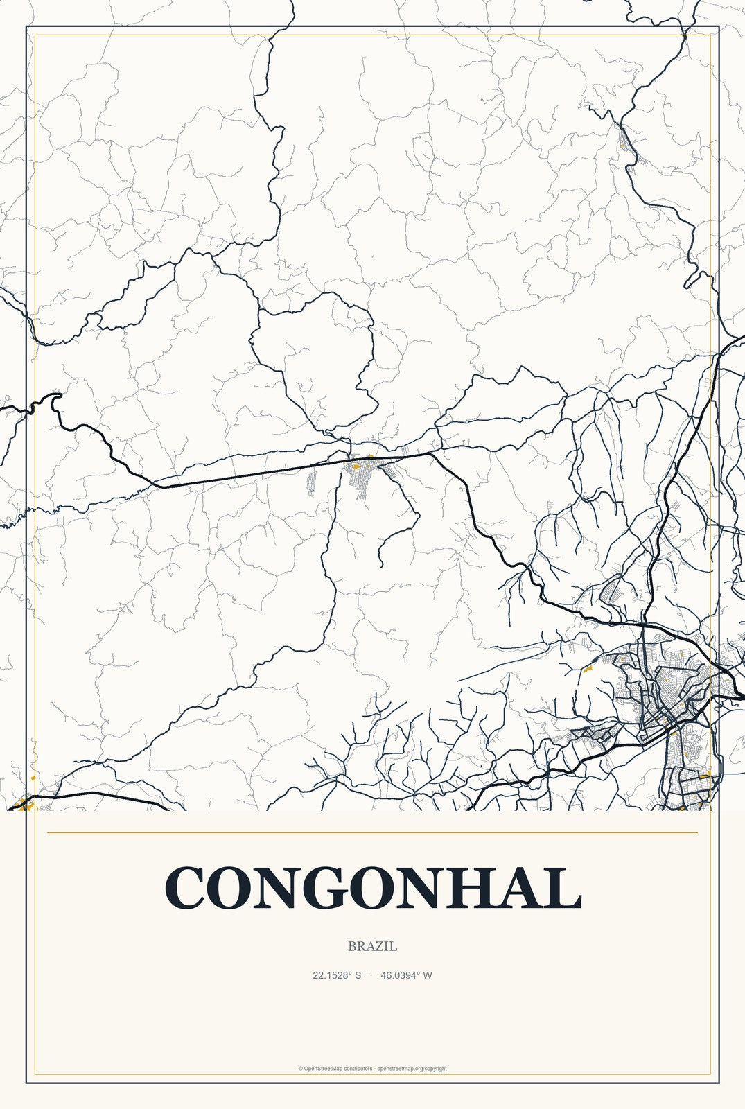 Congonhal, Brazil City Map Aluminum Sign in Citrine Modern style