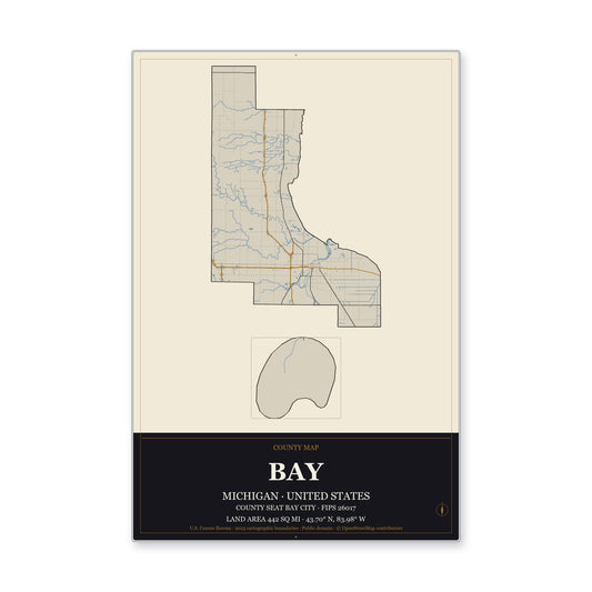 Bay County, Michigan Map Aluminum Sign in Museum Plaque style