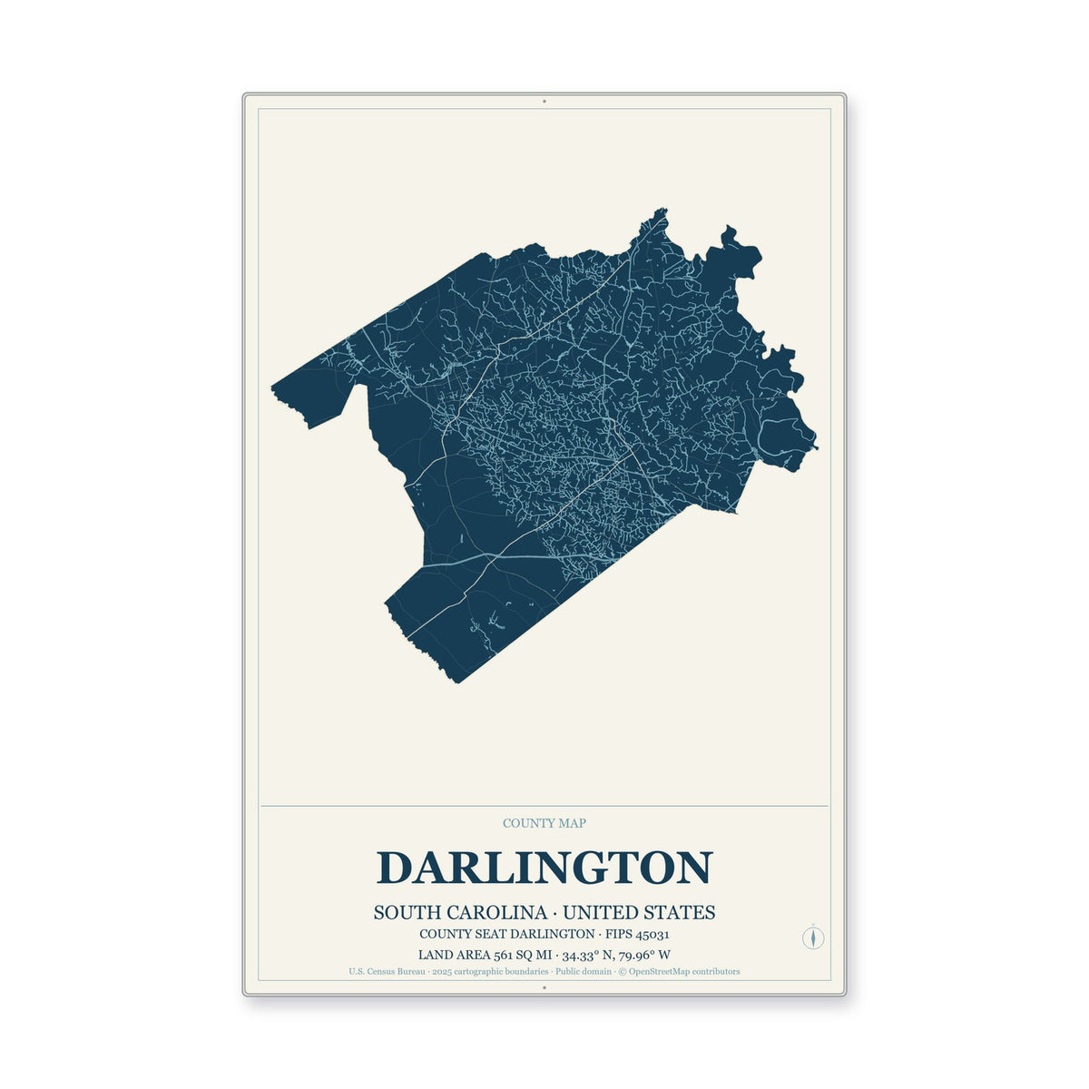 Darlington County, South Carolina Map Aluminum Sign in Coastal Cutout style