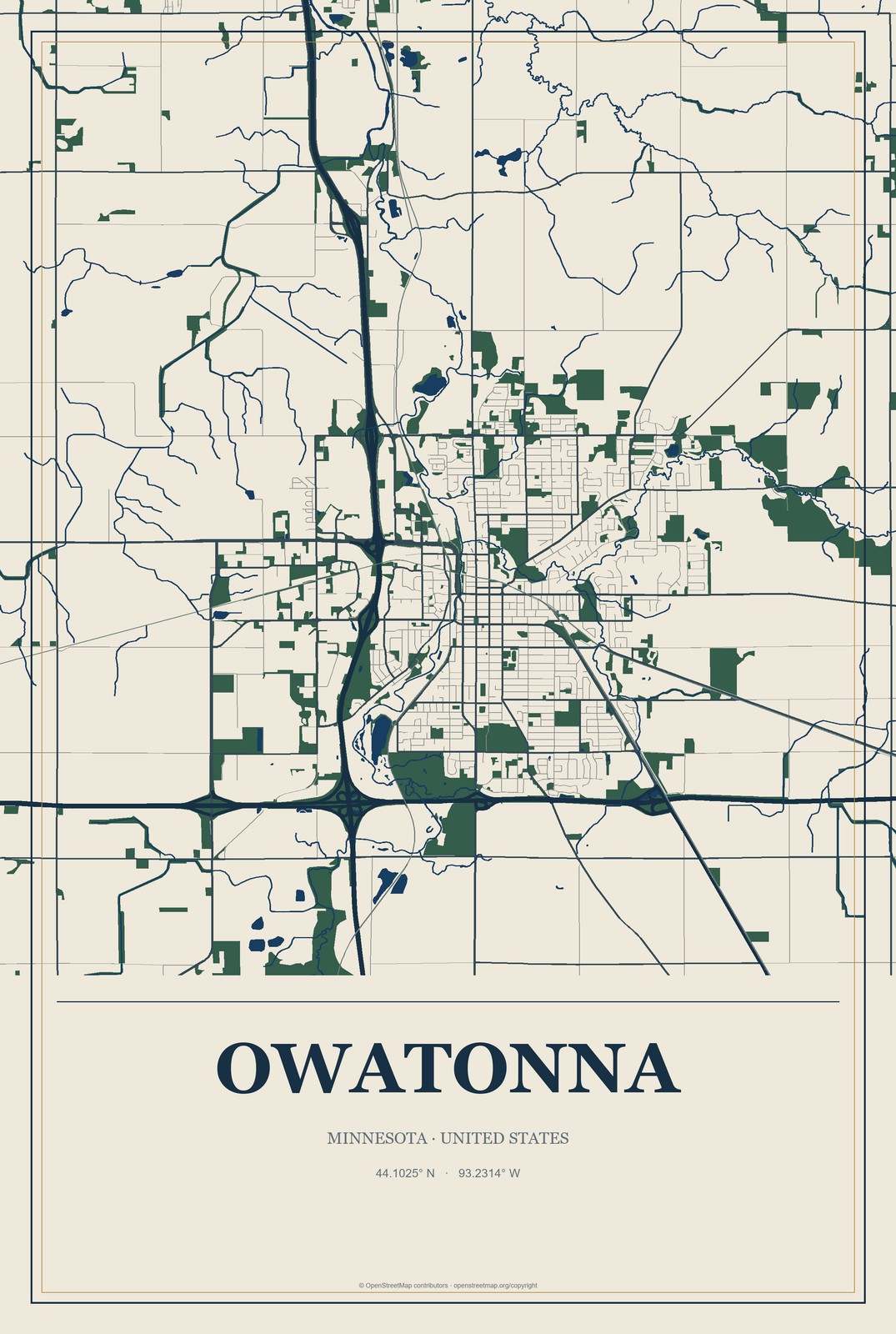 Owatonna, Minnesota City Map Aluminum Sign in Coastal Cutout style