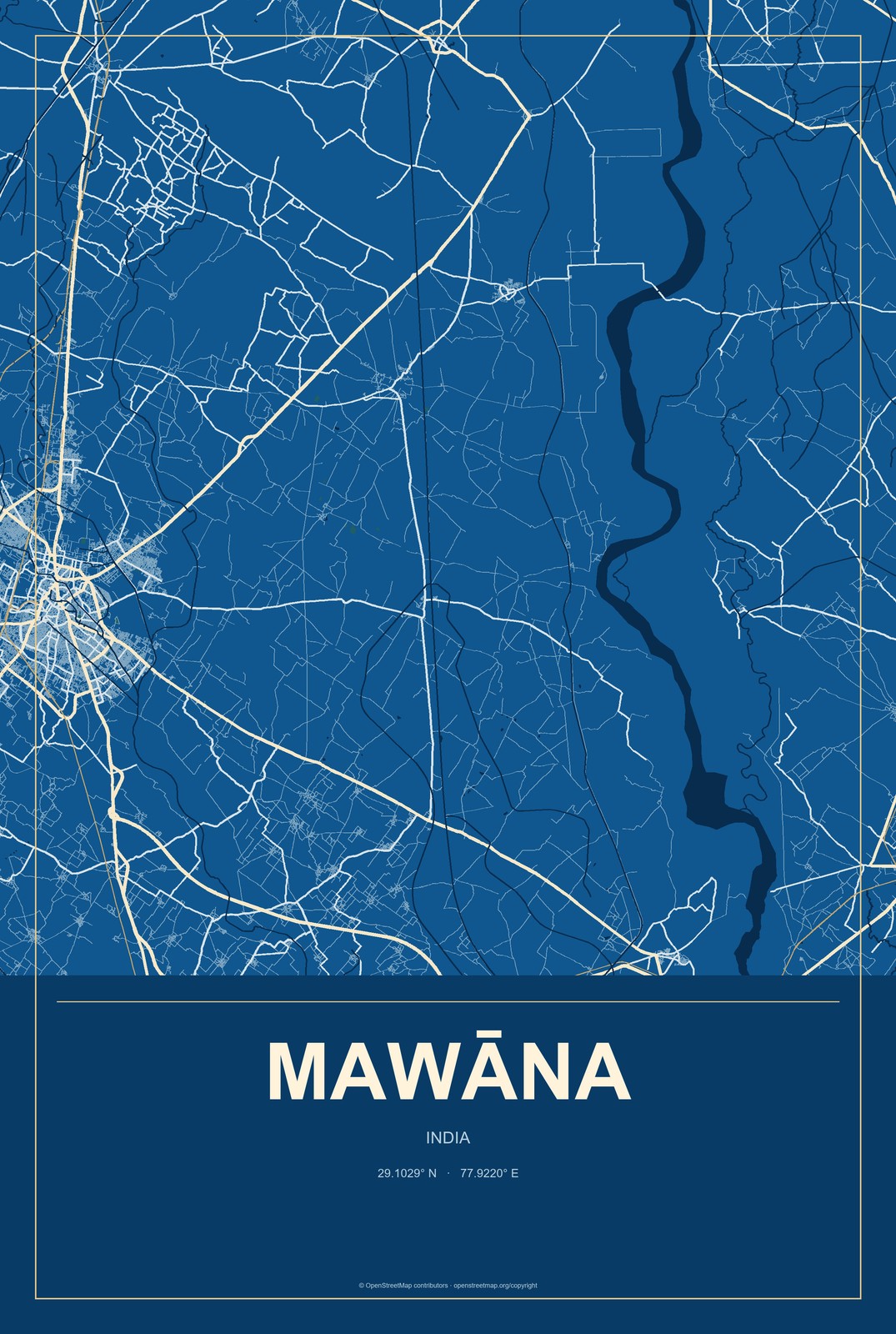 Mawāna, India City Map Aluminum Sign in Harbor Cobalt style