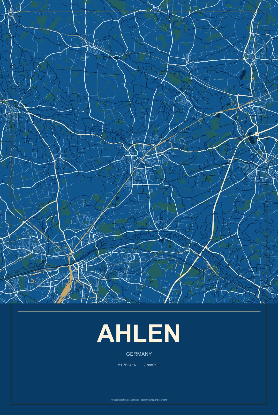 Ahlen, Germany City Map Aluminum Sign in Harbor Cobalt style