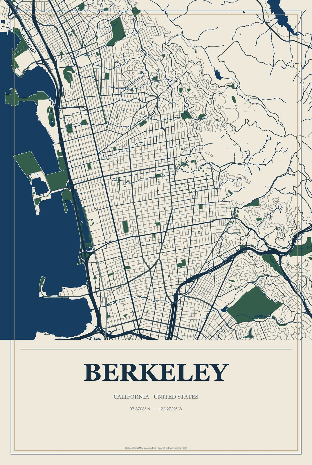 Berkeley, California City Map Aluminum Sign in Coastal Cutout style