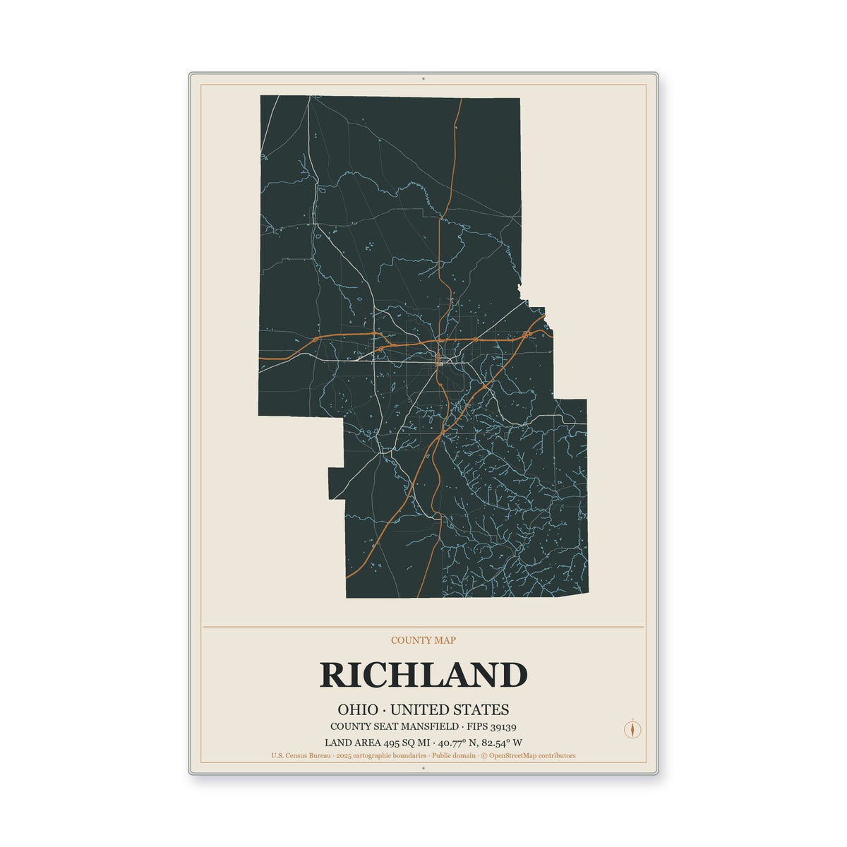 Richland County, Ohio Map Aluminum Sign in Headline Atlas style