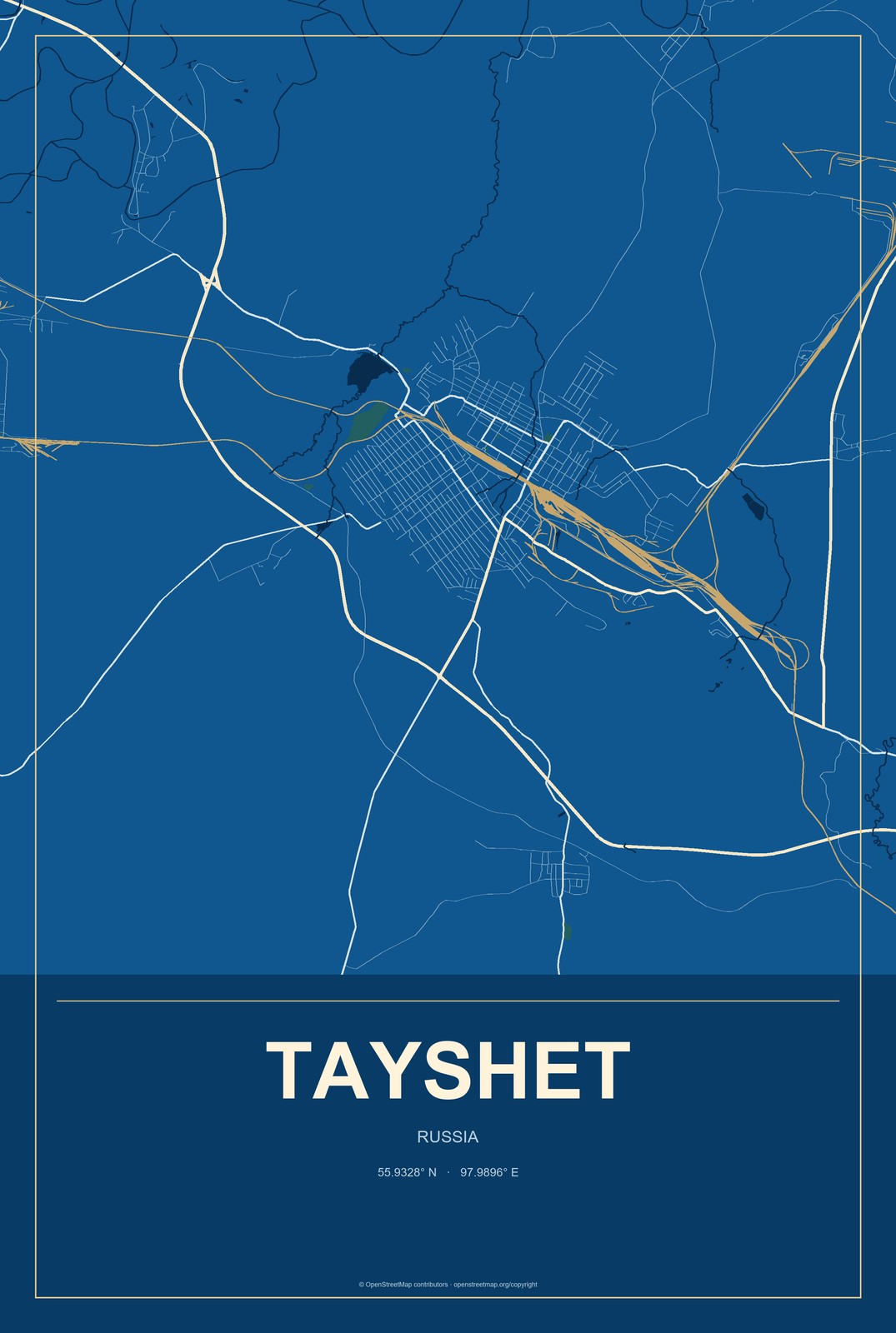 Tayshet, Russia City Map Aluminum Sign in Harbor Cobalt style