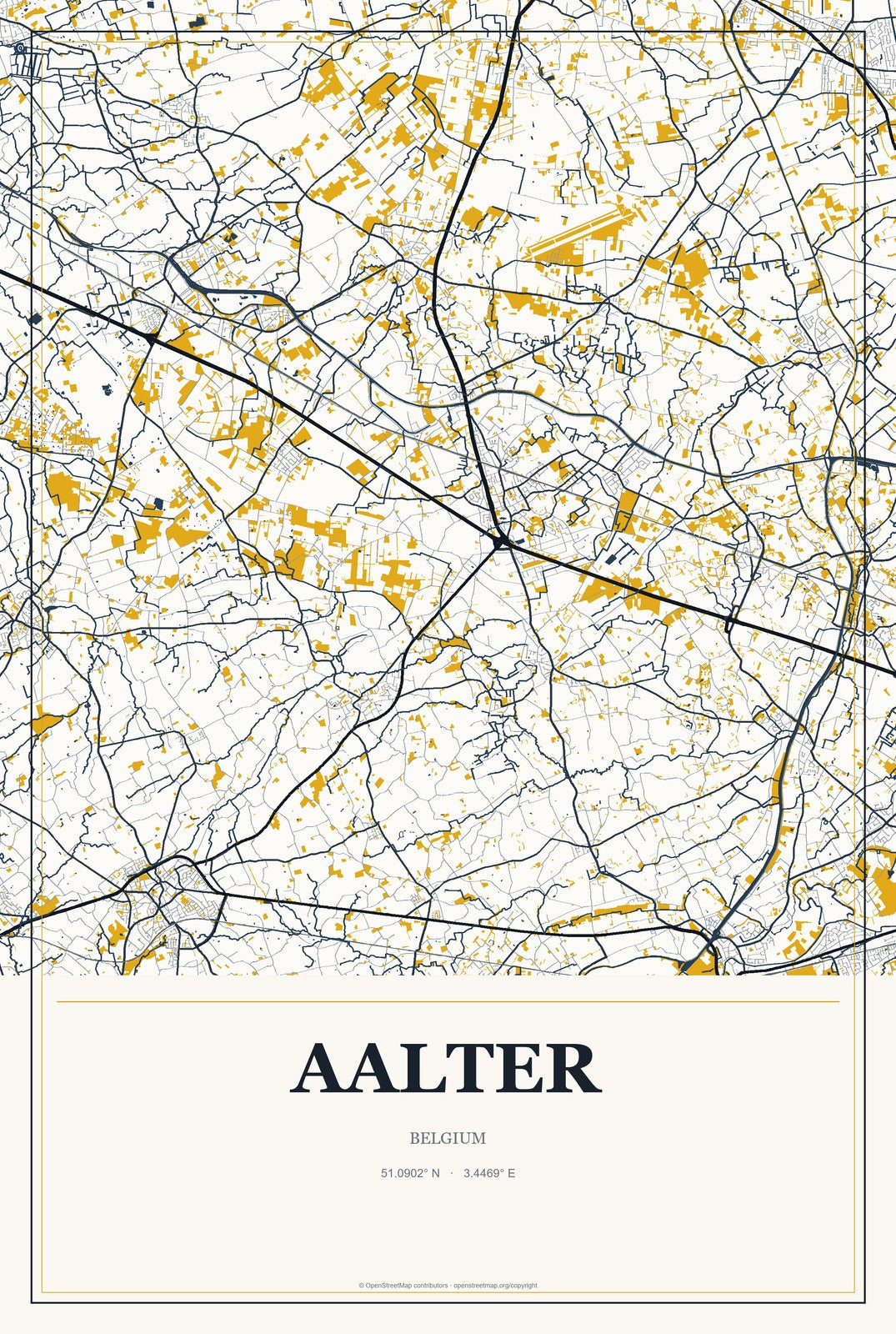 Aalter, Belgium City Map Aluminum Sign in Citrine Modern style