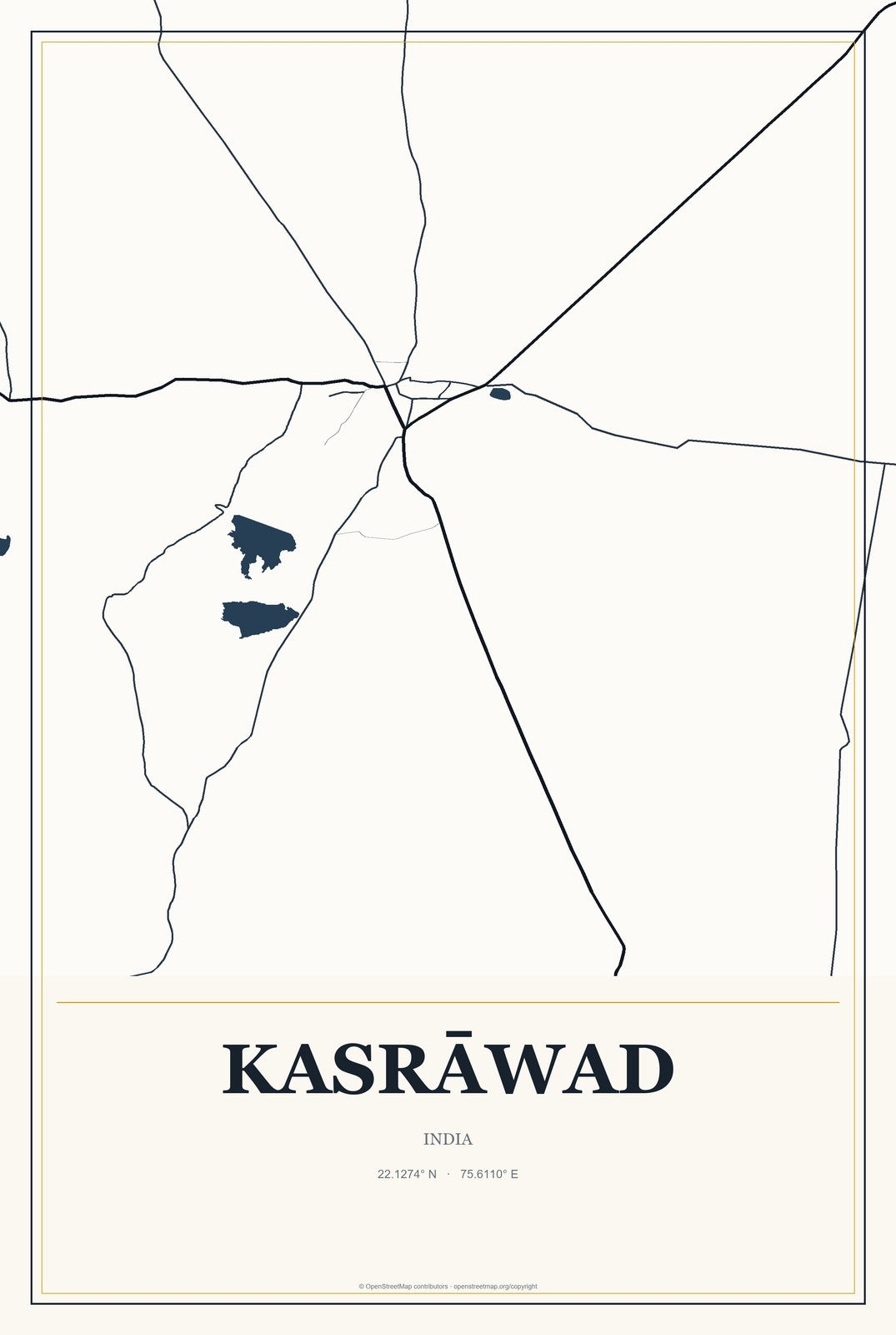 Kasrāwad, India City Map Aluminum Sign in Citrine Modern style