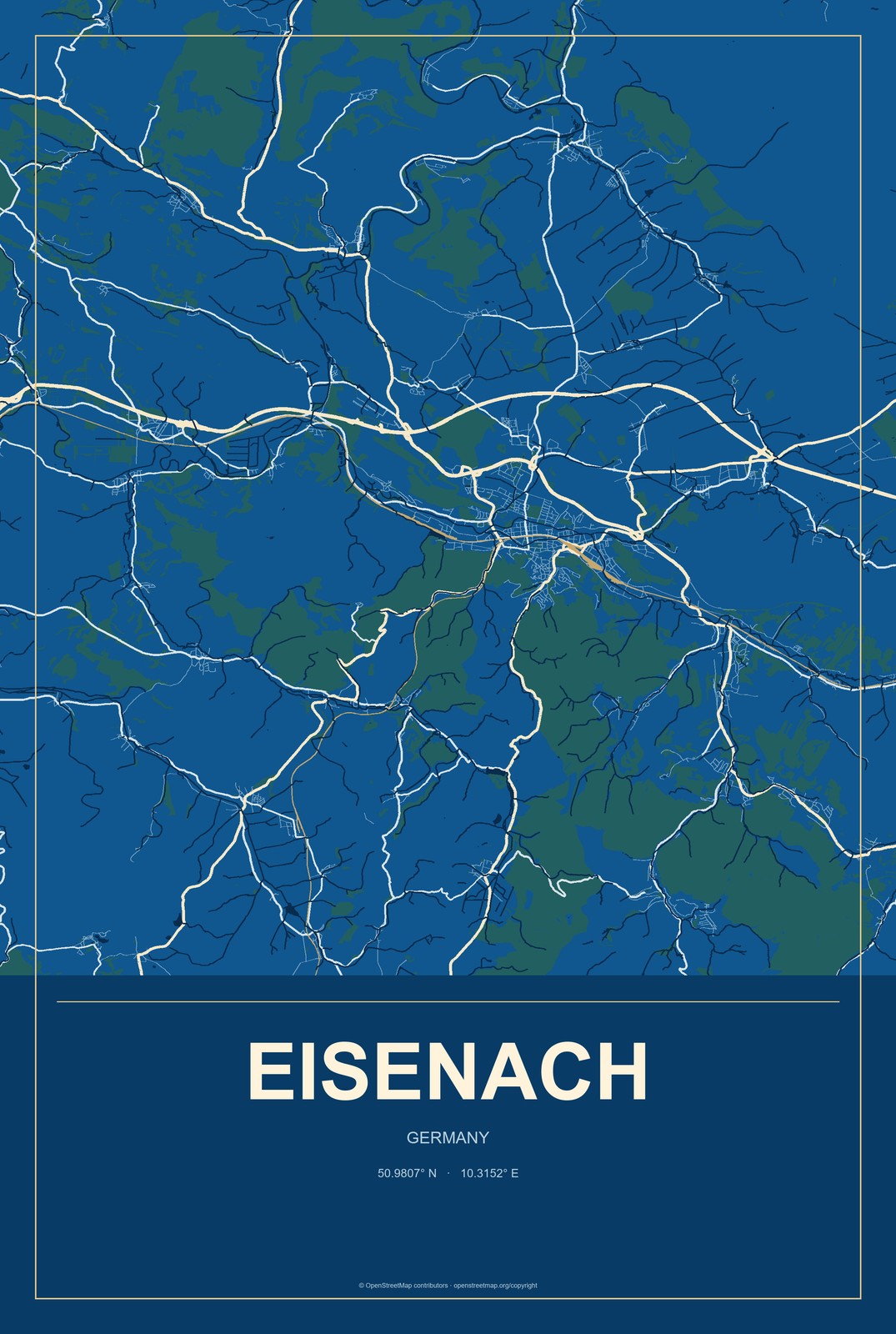 Eisenach, Germany City Map Aluminum Sign in Harbor Cobalt style