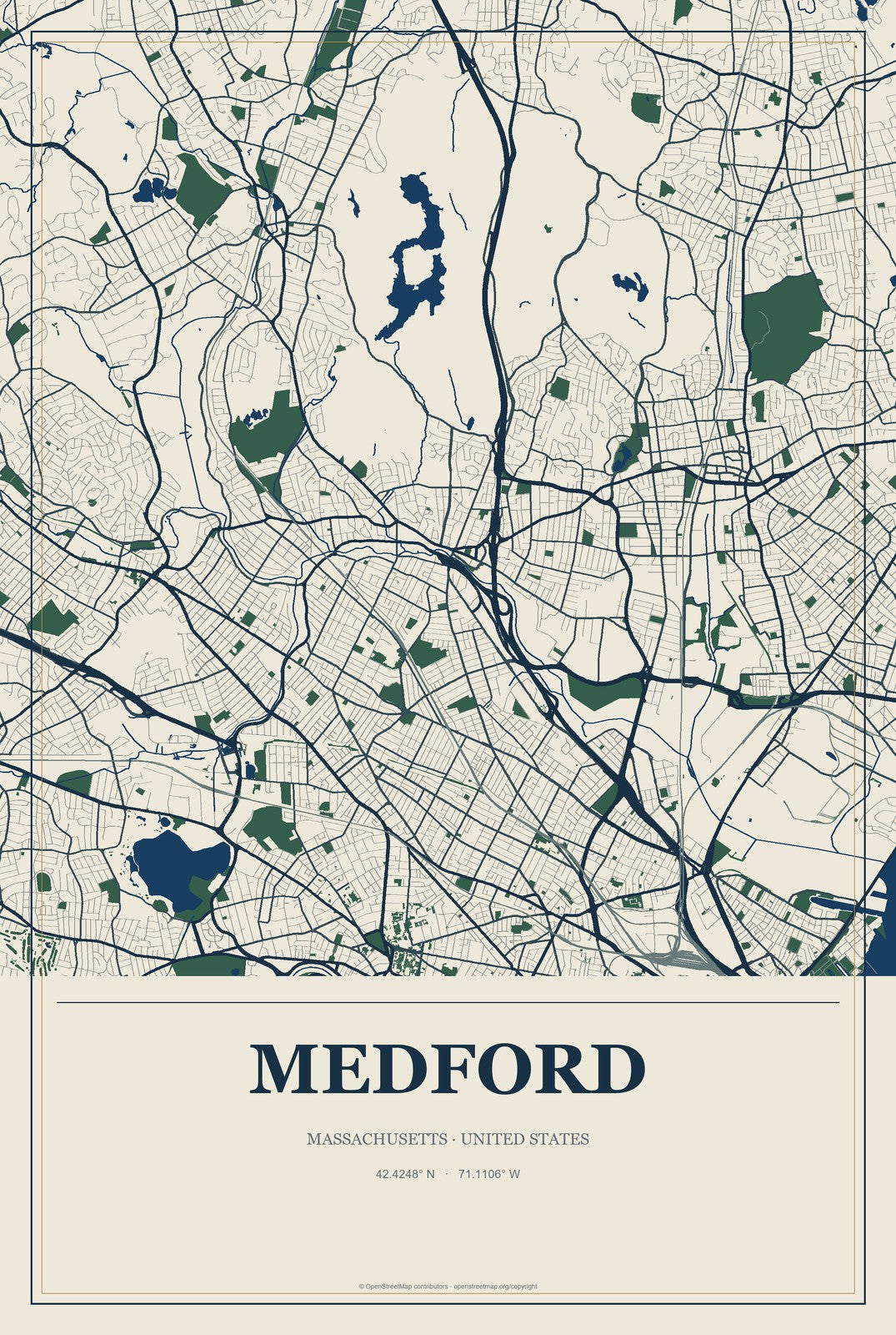 Medford, Massachusetts City Map Aluminum Sign in Coastal Cutout style