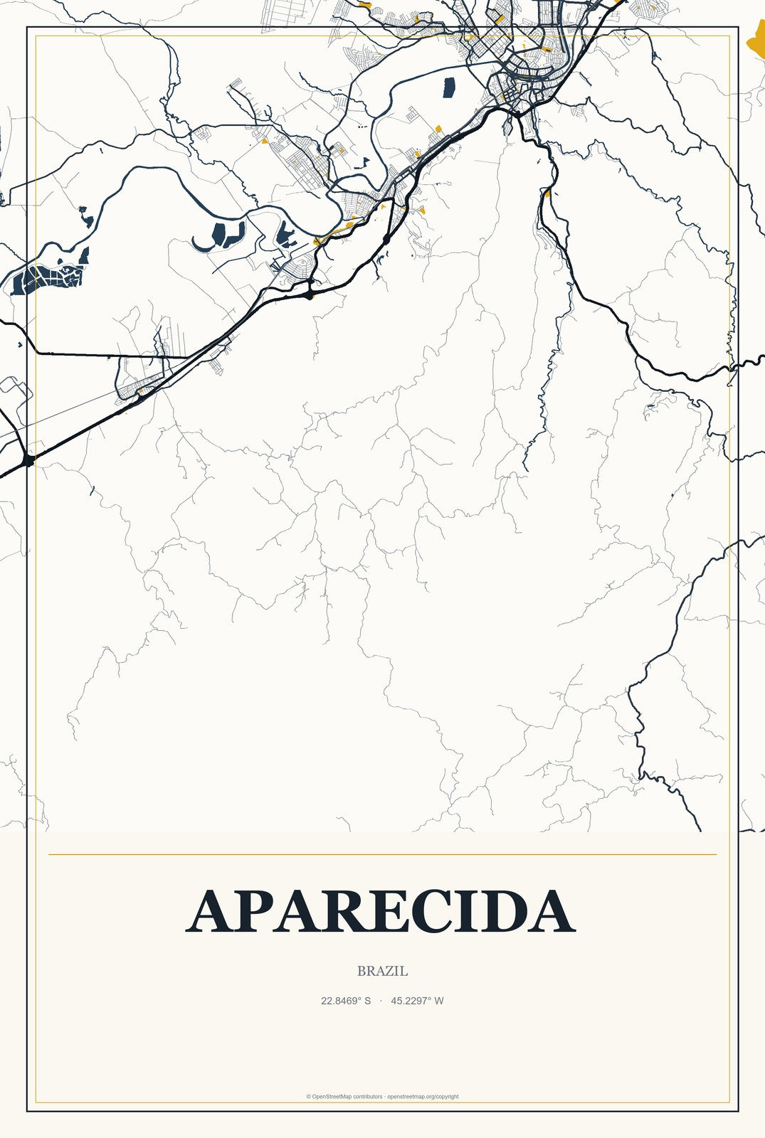 Aparecida, Brazil City Map Aluminum Sign in Citrine Modern style