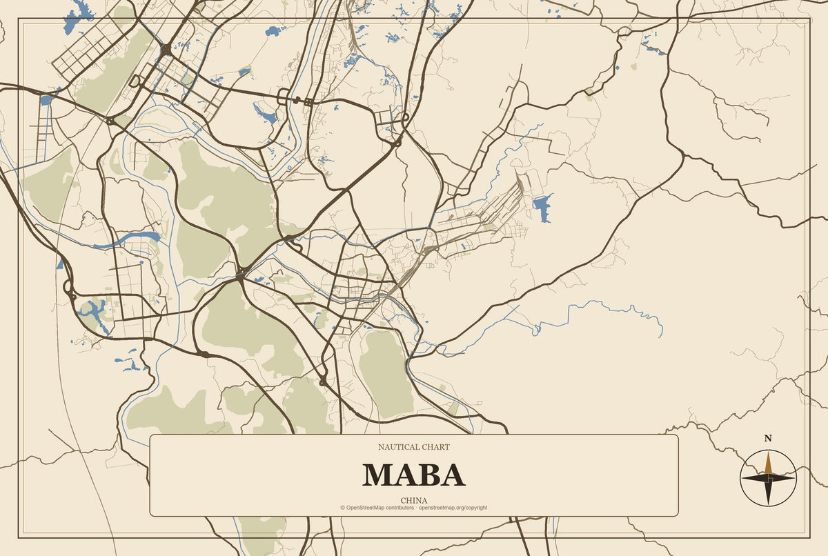 Maba, China City Map Aluminum Sign in Heritage Nautical style
