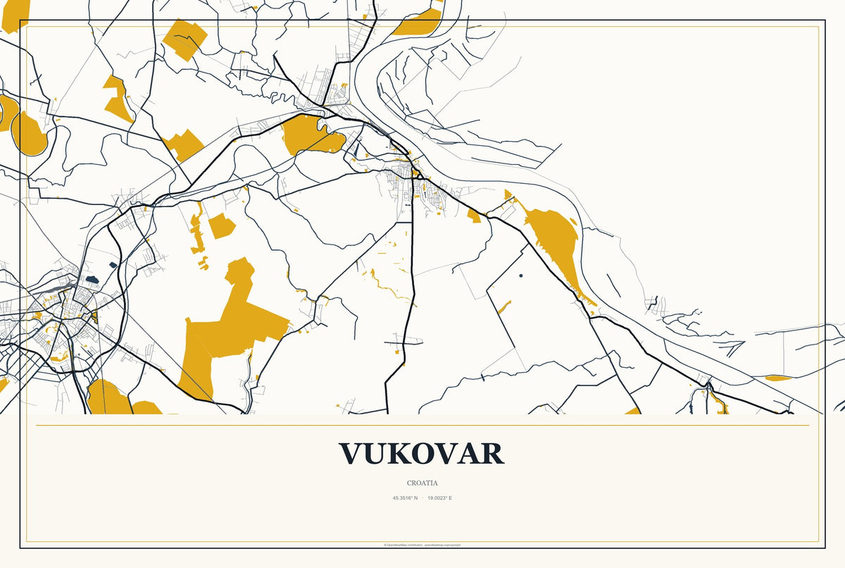 Vukovar, Croatia City Map Aluminum Sign in Citrine Modern style