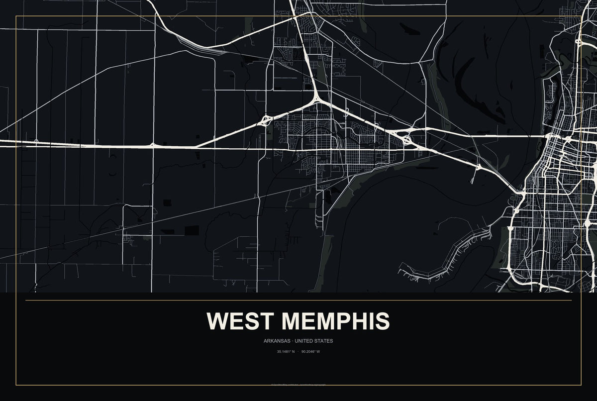 West Memphis, Arkansas City Map Aluminum Sign in Metropolitan Noir style