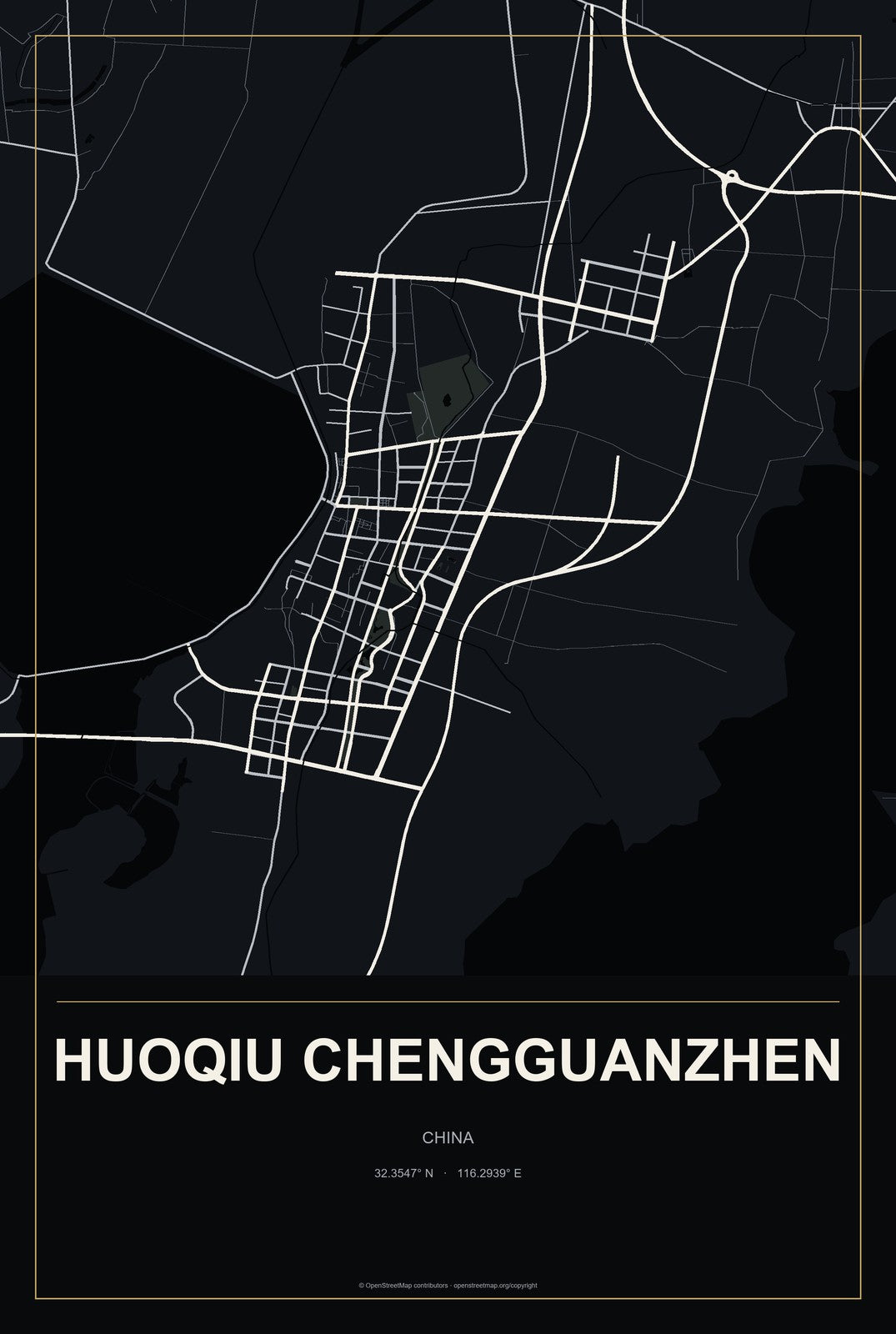 Huoqiu Chengguanzhen, China City Map Aluminum Sign in Metropolitan Noir style
