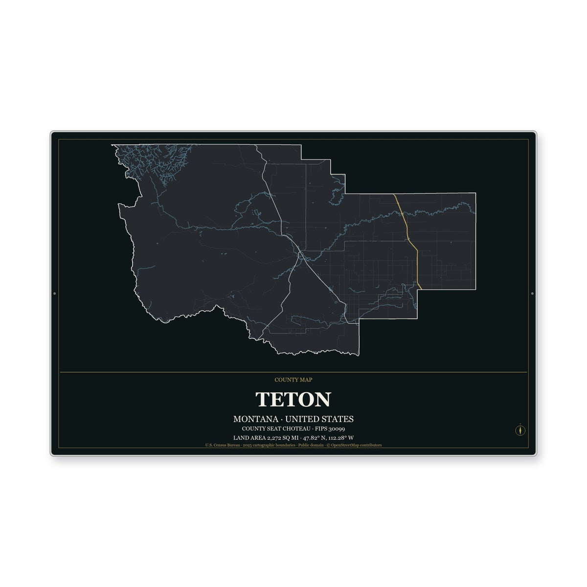 Teton County, Montana Map Aluminum Sign in Metropolitan Noir style