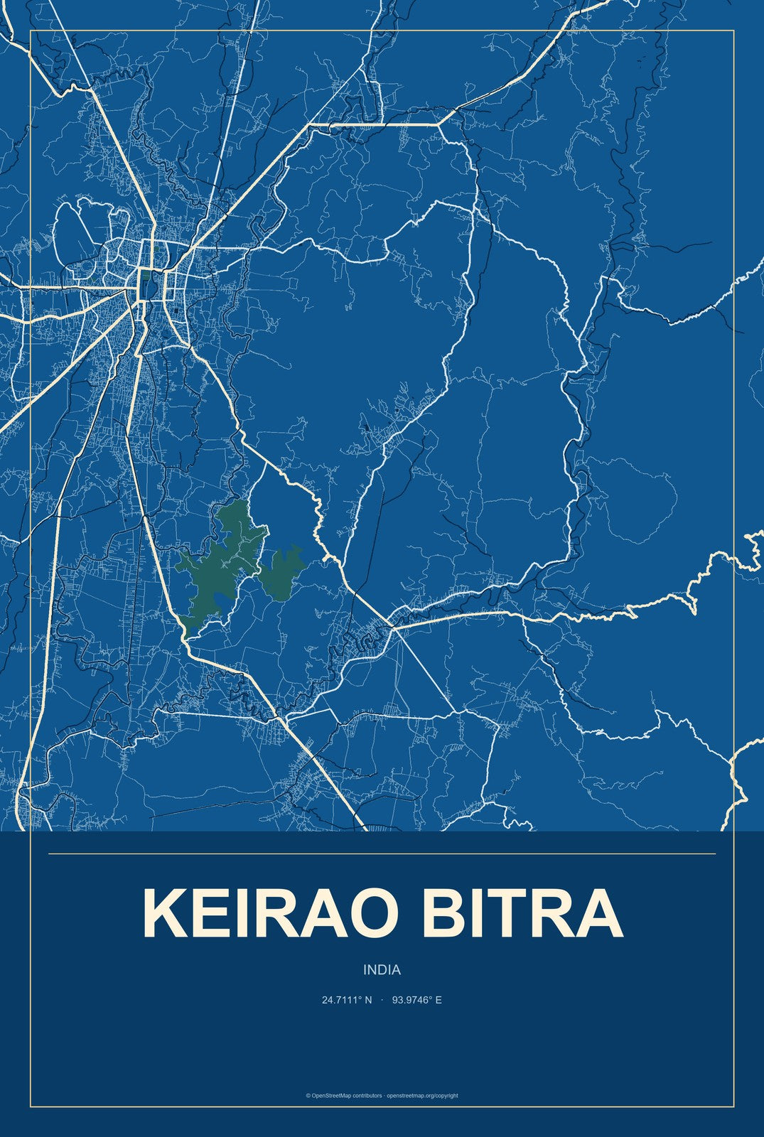 Keirao Bitra, India City Map Aluminum Sign in Harbor Cobalt style