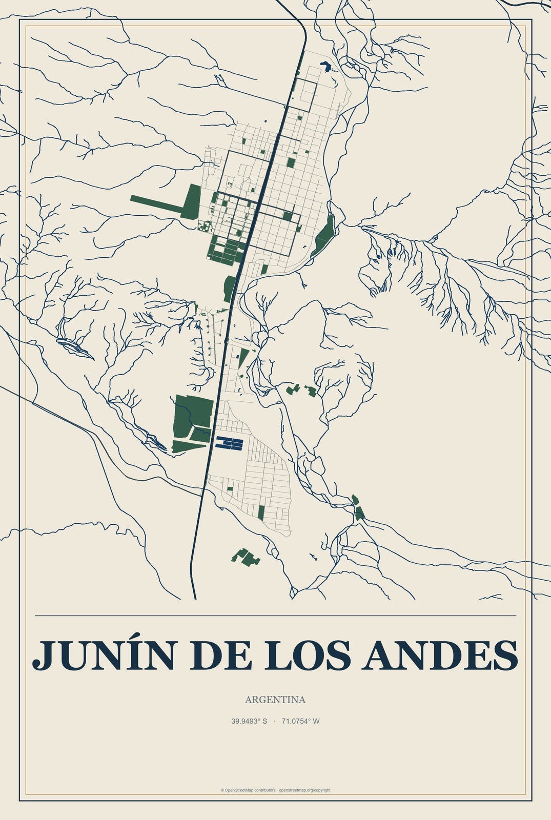 Junín de los Andes, Argentina City Map Aluminum Sign in Coastal Cutout style