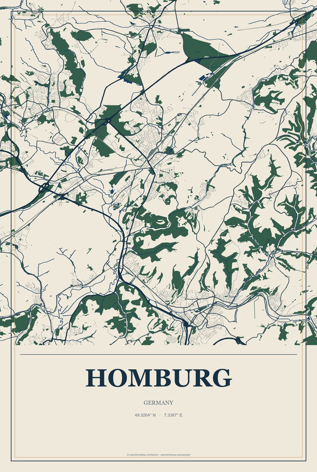Homburg, Germany City Map Aluminum Sign in Coastal Cutout style