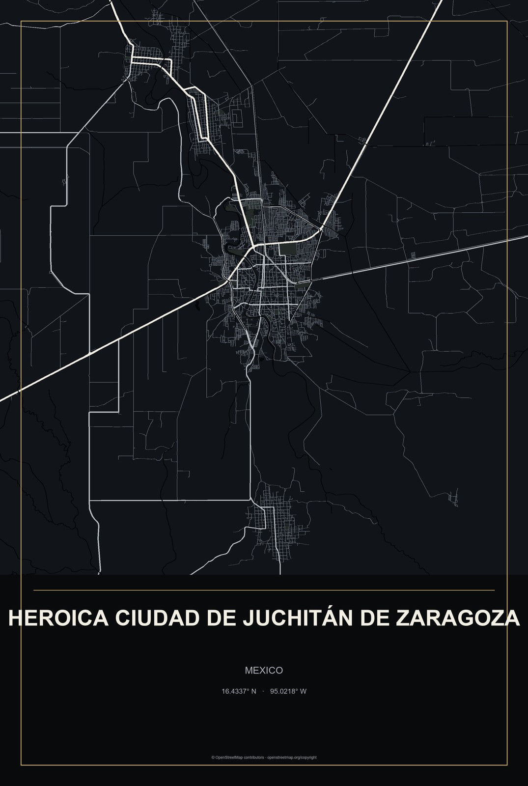 Heroica Ciudad de Juchitán de Zaragoza, Mexico City Map Aluminum Sign in Metropolitan Noir style